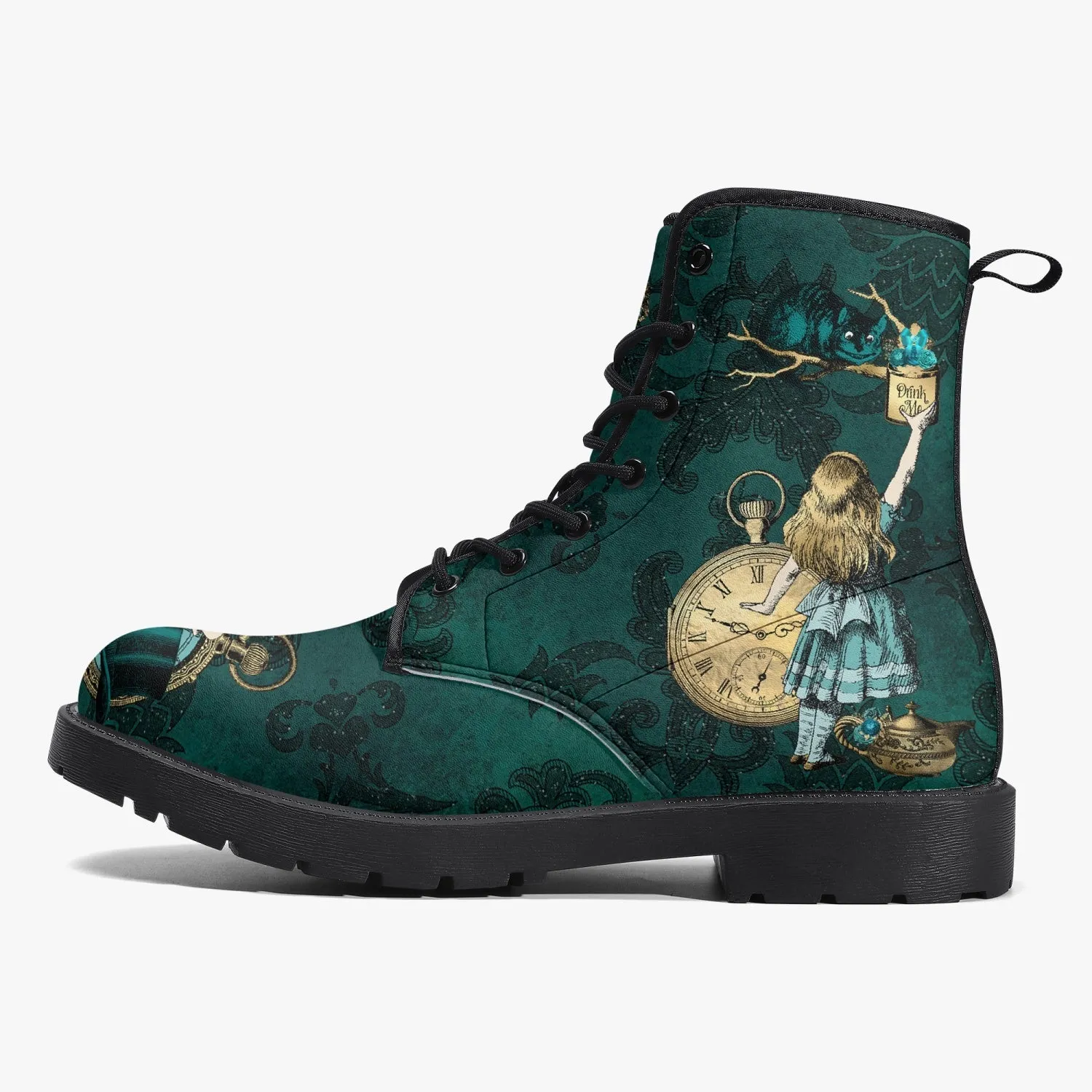 Alice In Wonderland Dark Green and Gold Vegan Leather Combat Boots (JPDGA1)