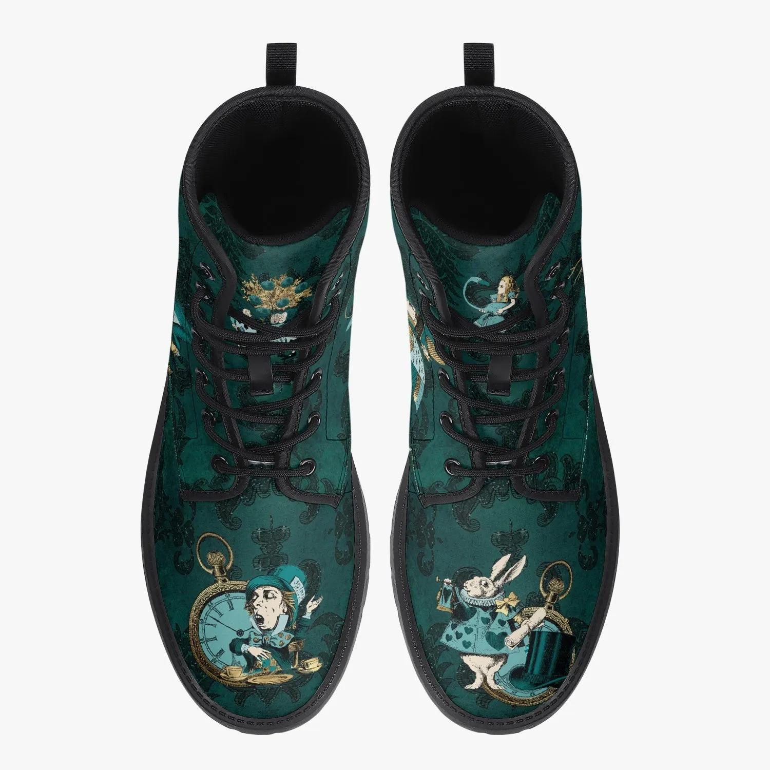 Alice In Wonderland Dark Green and Gold Vegan Leather Combat Boots (JPDGA1)