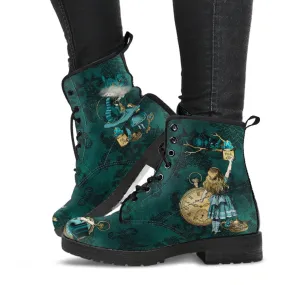 Alice In Wonderland Dark Green and Gold Vegan Leather Combat Boots (JPDGA1)