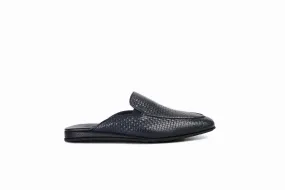 FOOT FEDERATION KNIT PATTERN MOC-TOE MEN'S LEATHER SLIPPER NAVY BLUE