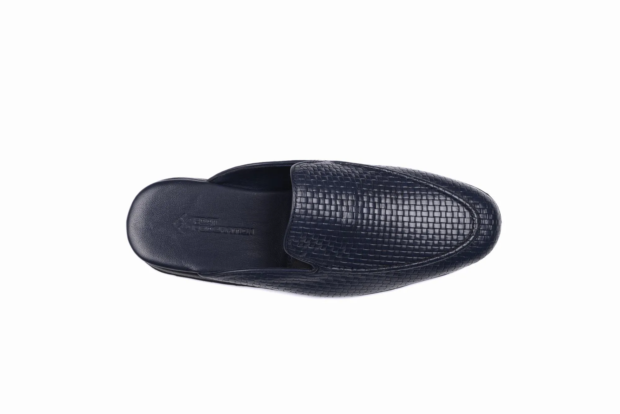 FOOT FEDERATION KNIT PATTERN MOC-TOE MEN'S LEATHER SLIPPER NAVY BLUE