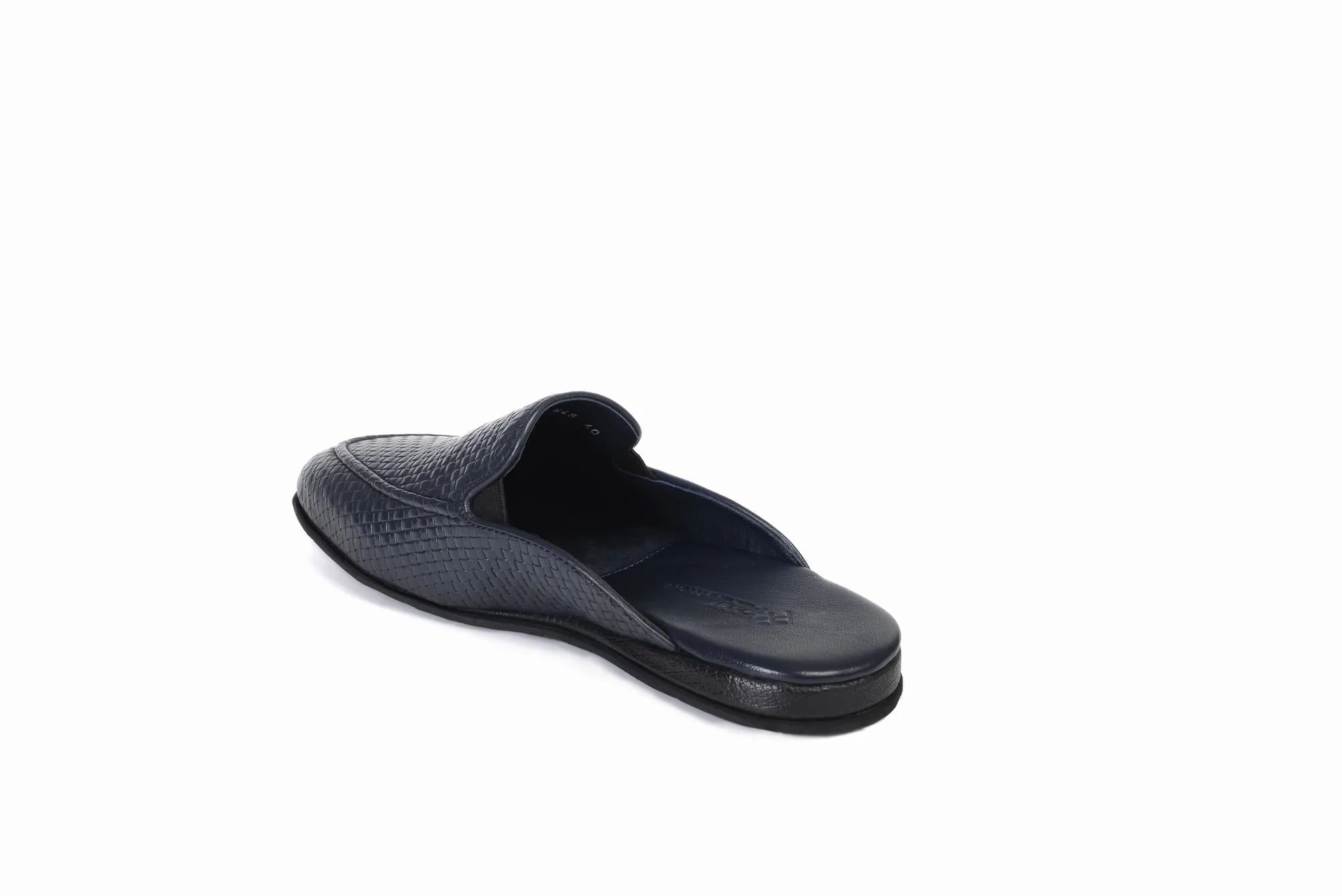 FOOT FEDERATION KNIT PATTERN MOC-TOE MEN'S LEATHER SLIPPER NAVY BLUE