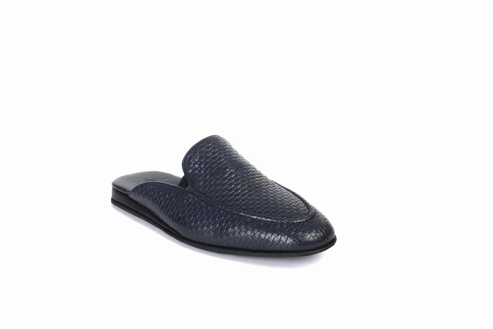 FOOT FEDERATION KNIT PATTERN MOC-TOE MEN'S LEATHER SLIPPER NAVY BLUE