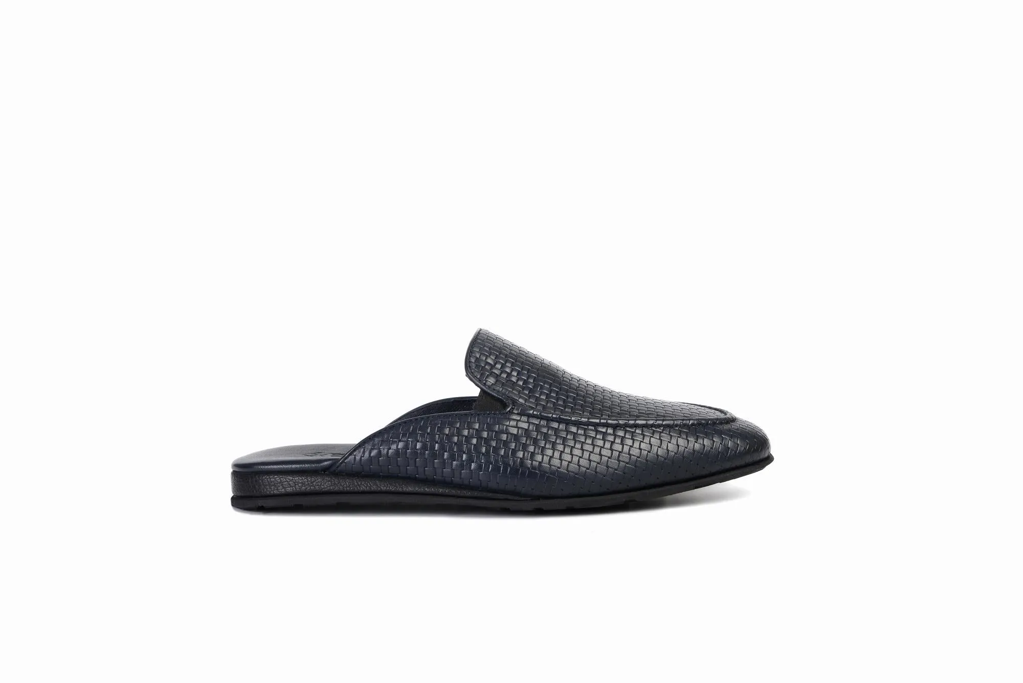 FOOT FEDERATION KNIT PATTERN MOC-TOE MEN'S LEATHER SLIPPER NAVY BLUE