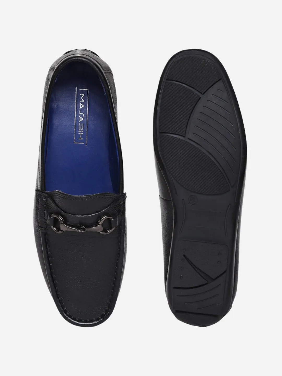 Masabih Genuine Milled Leather Black Mocassin Shoes with Saddle Ornument for Men