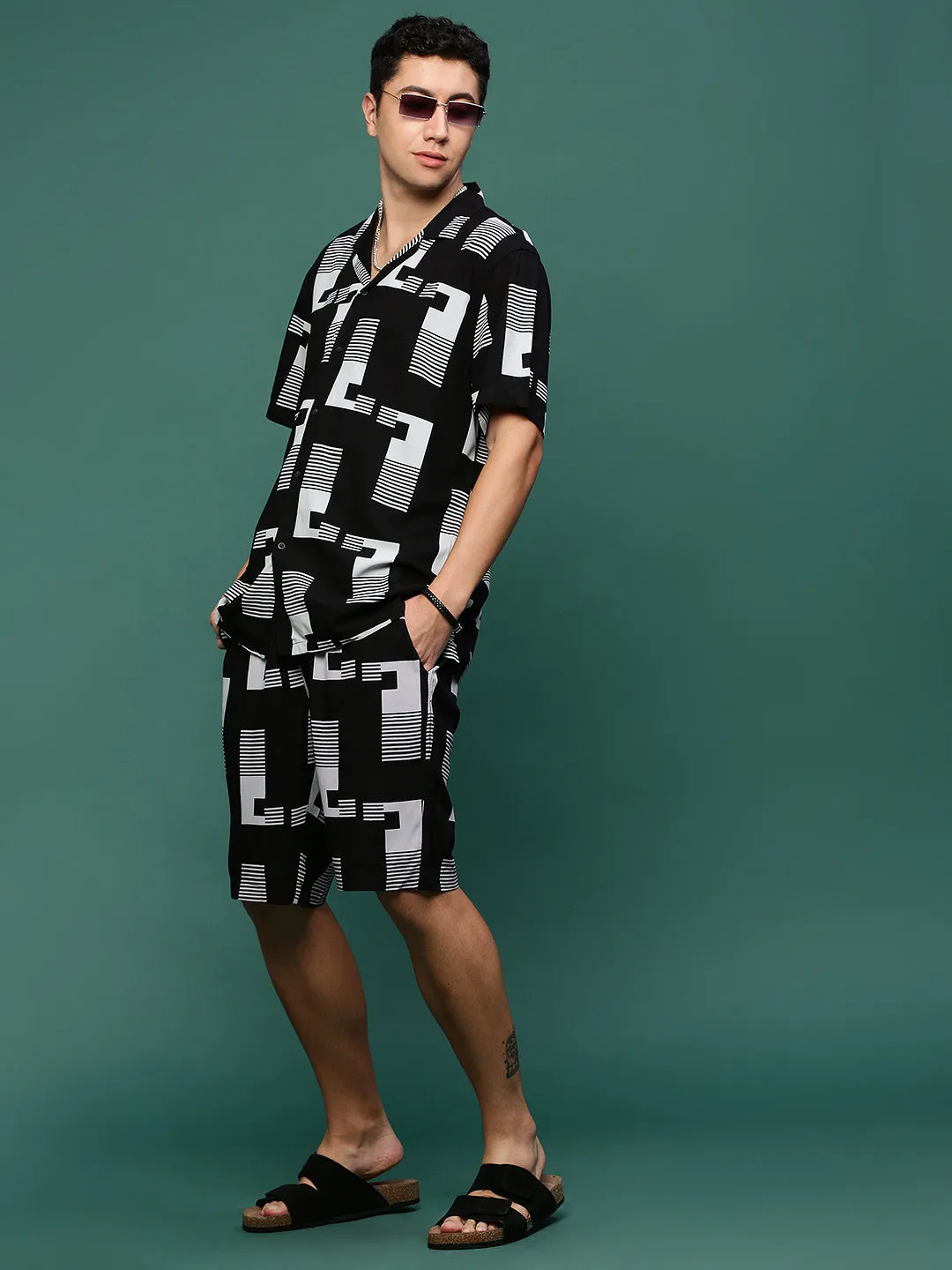 Men Black Cuban Collar Printed Co Ords Set