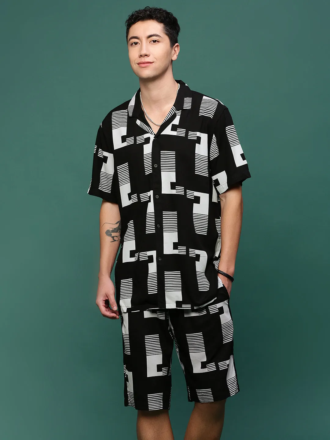 Men Black Cuban Collar Printed Co Ords Set