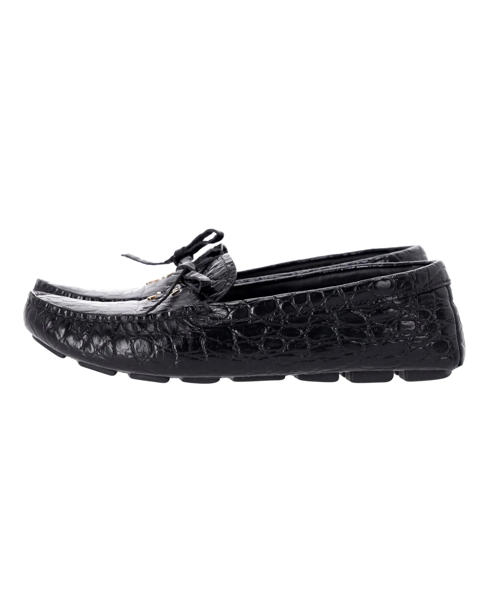 Prada Bow Loafers in Black Croc-Embossed Leather