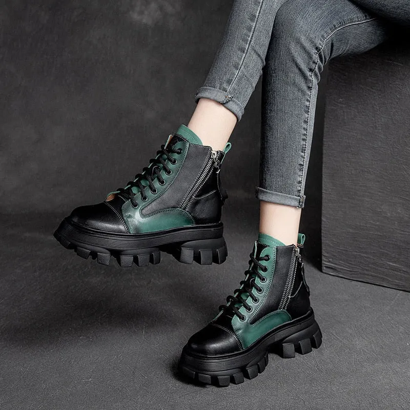 Rich Tanned Leather Rugged Edged Platform Zip-Close Ankle Boots